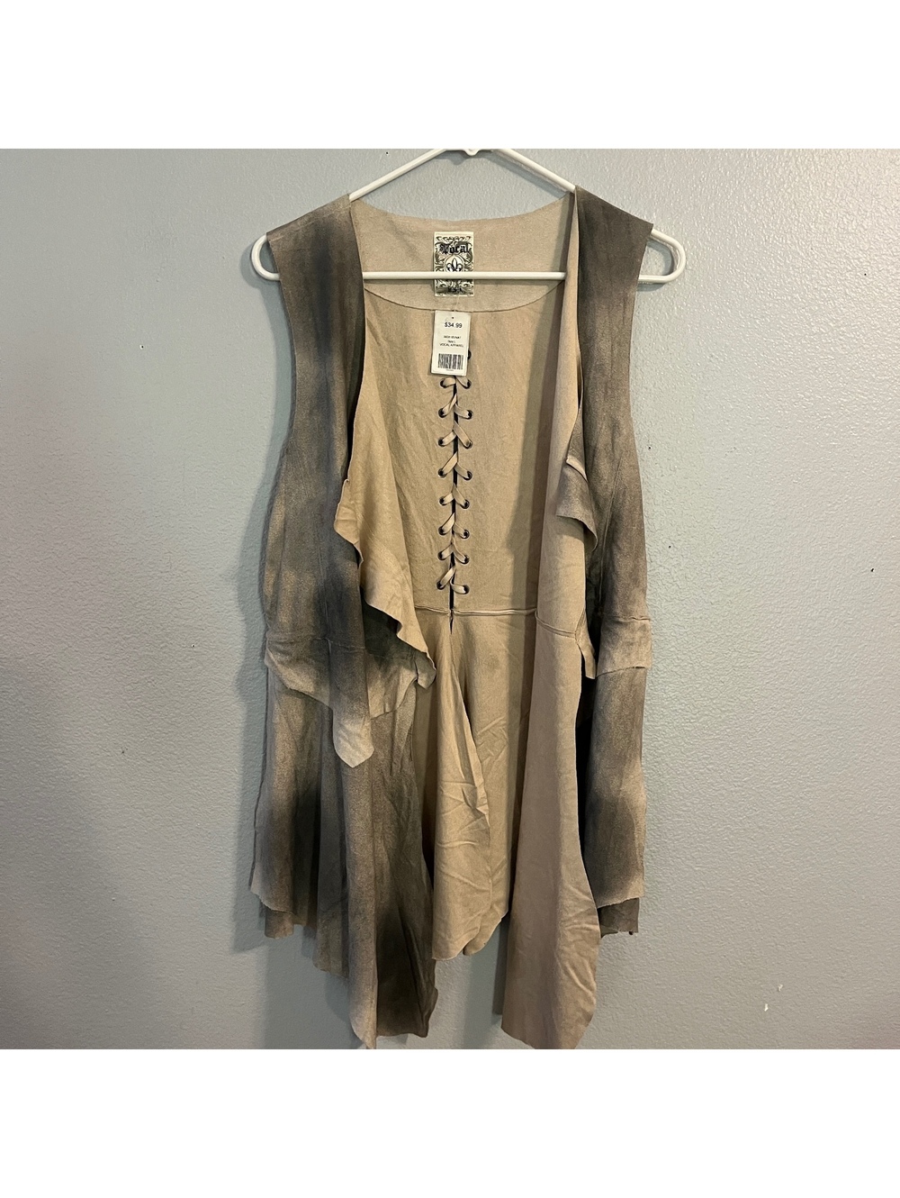 Vocal Apparel Faux Suede Duster Vest Womens L NWT Lace Up Western Boho Natural